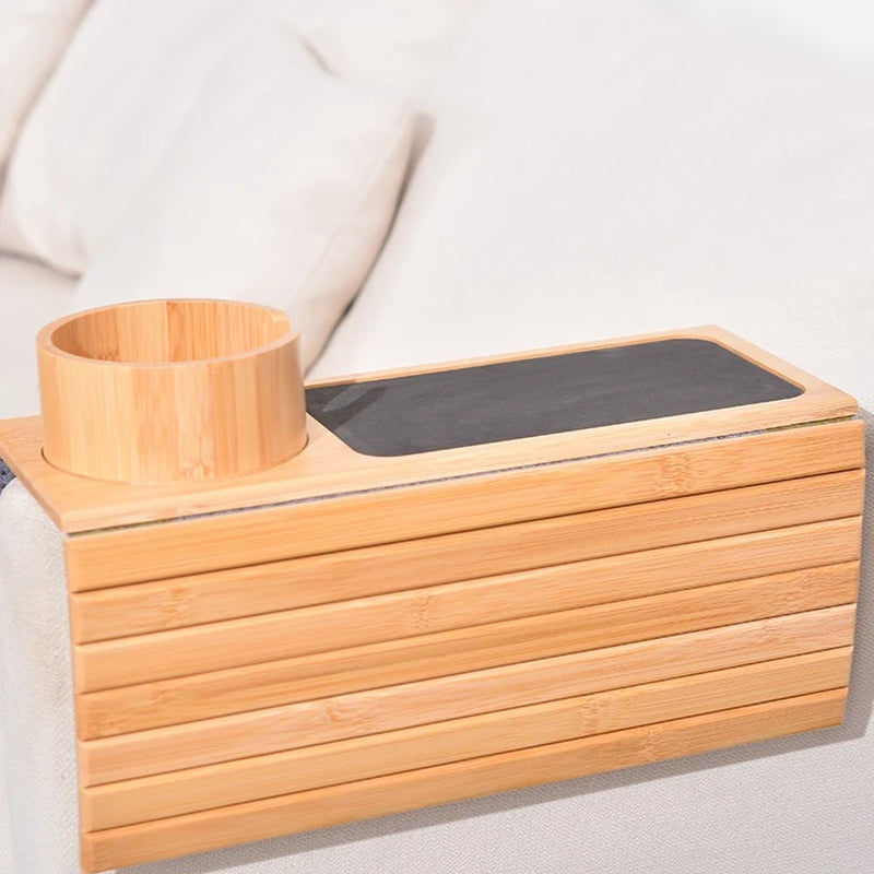 Bamboo Couch Cup Holder with Side Storage Pocket Anti-Slip Bamboo Sofa Armrest Tray Foldable Sofa Cup Holder for Cup Snack Drink