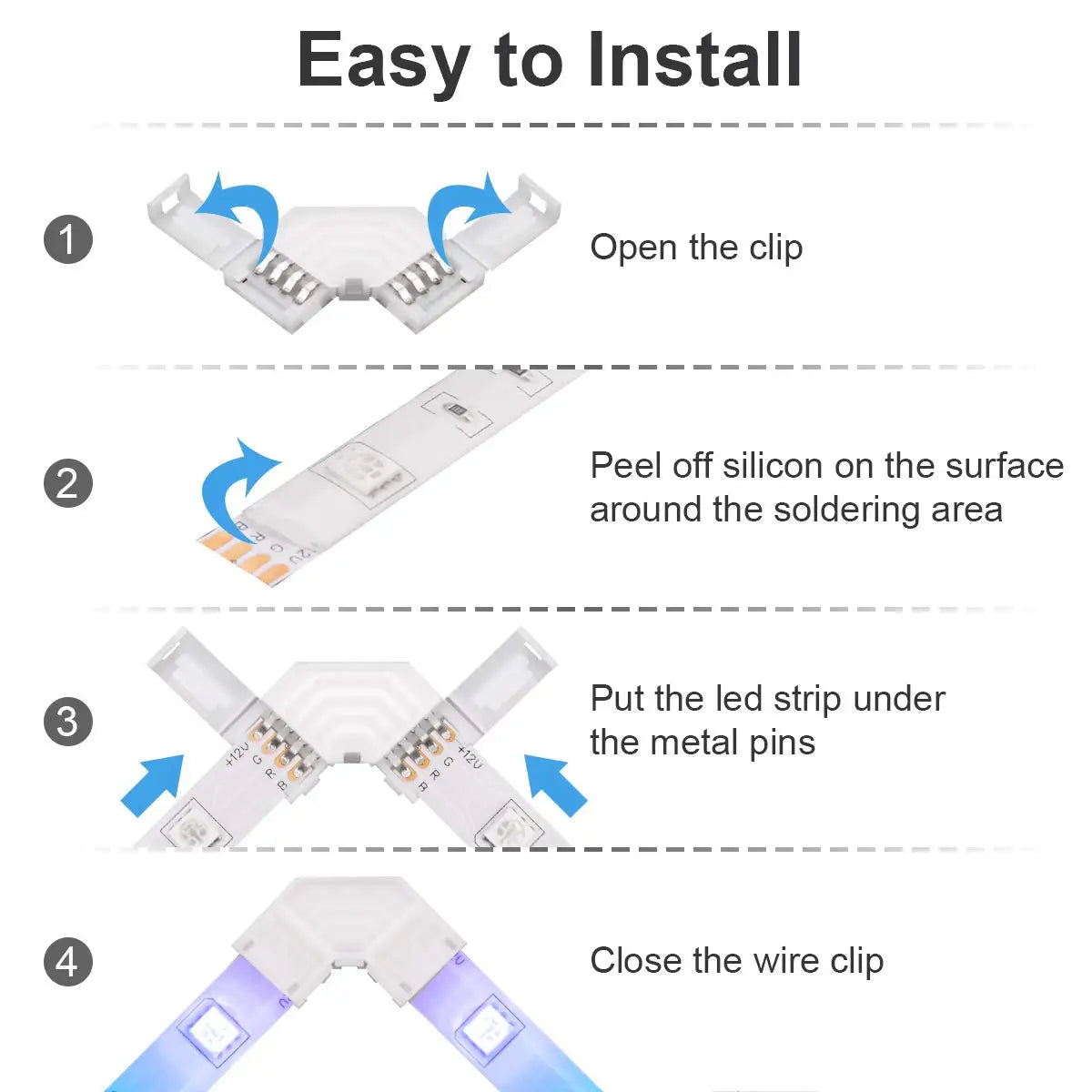 LED Corner RGB Connector 10Mm 4Pin L Shape IP20 LED Light Strip Solderless 90 Degree Right Angle for 5050 3528 Tape Light